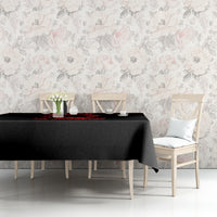 Black tablecloth with red graphic corner view, styled on wooden dining table