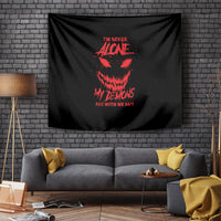 Black tapestry with red skull graphic and slogan, wall-hanging decor