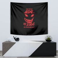 Black tapestry with centered red skull graphic and text, rectangular wall hanging