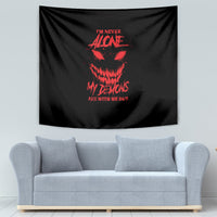 Black tapestry with red skull graphic and slogan, wall-hanging wall decor