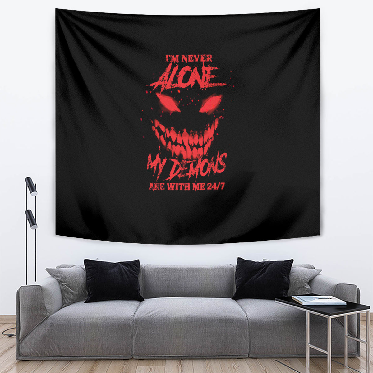 Black tapestry with red skull graphic and text, hanging wall fabric