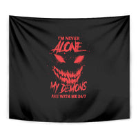 Black fabric tapestry close-up with red skull graphic and centered text