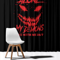 Black window curtain with red devil-skull graphic and bold text, hanging panel design.