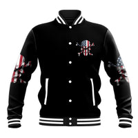 Black unisex baseball jacket with patriotic skull front graphic; ribbed striped collar cuffs.