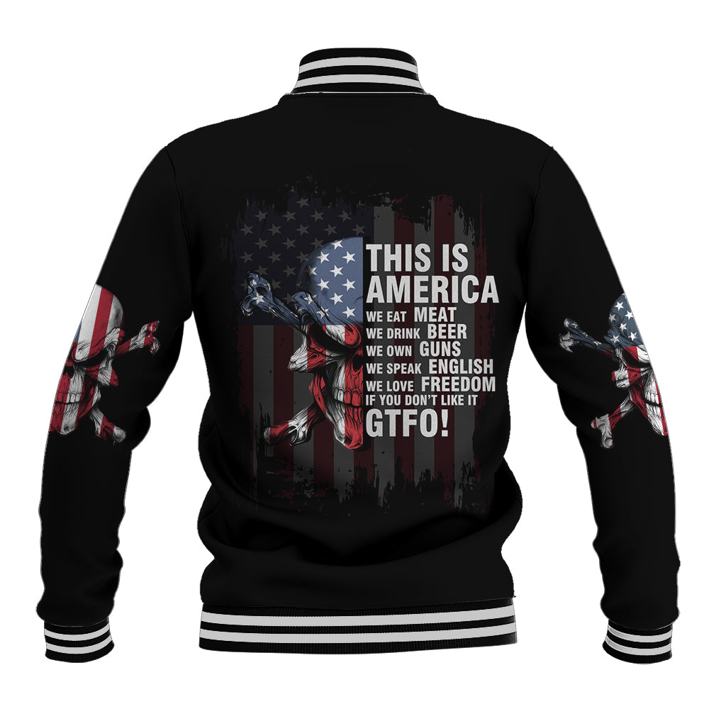Black unisex baseball jacket with patriotic THIS IS AMERICA back print; ribbed stripes.