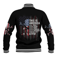 Black unisex baseball jacket with patriotic THIS IS AMERICA back print; ribbed stripes.