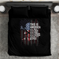 Black bedding set with patriotic skull "This Is America" print at center