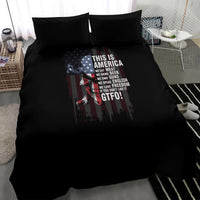 Black bedding set featuring a patriotic skull "This Is America" text graphic