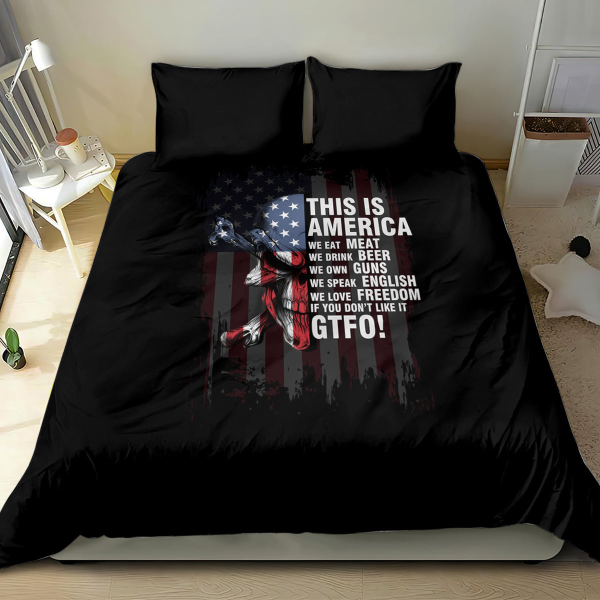 Black skull patriotic bedding set with "This Is America" print on comforter and pillows