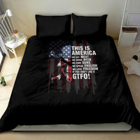 Black skull patriotic bedding set with "This Is America" print on comforter and pillows