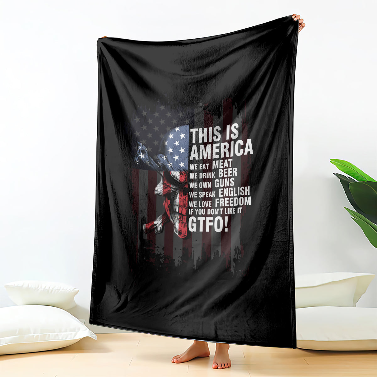 Patriotic skull blanket wall-hanging, black with American flag text and face graphic