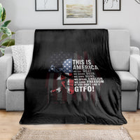 Patriotic skull graphic blanket, black with red and blue American flag text
