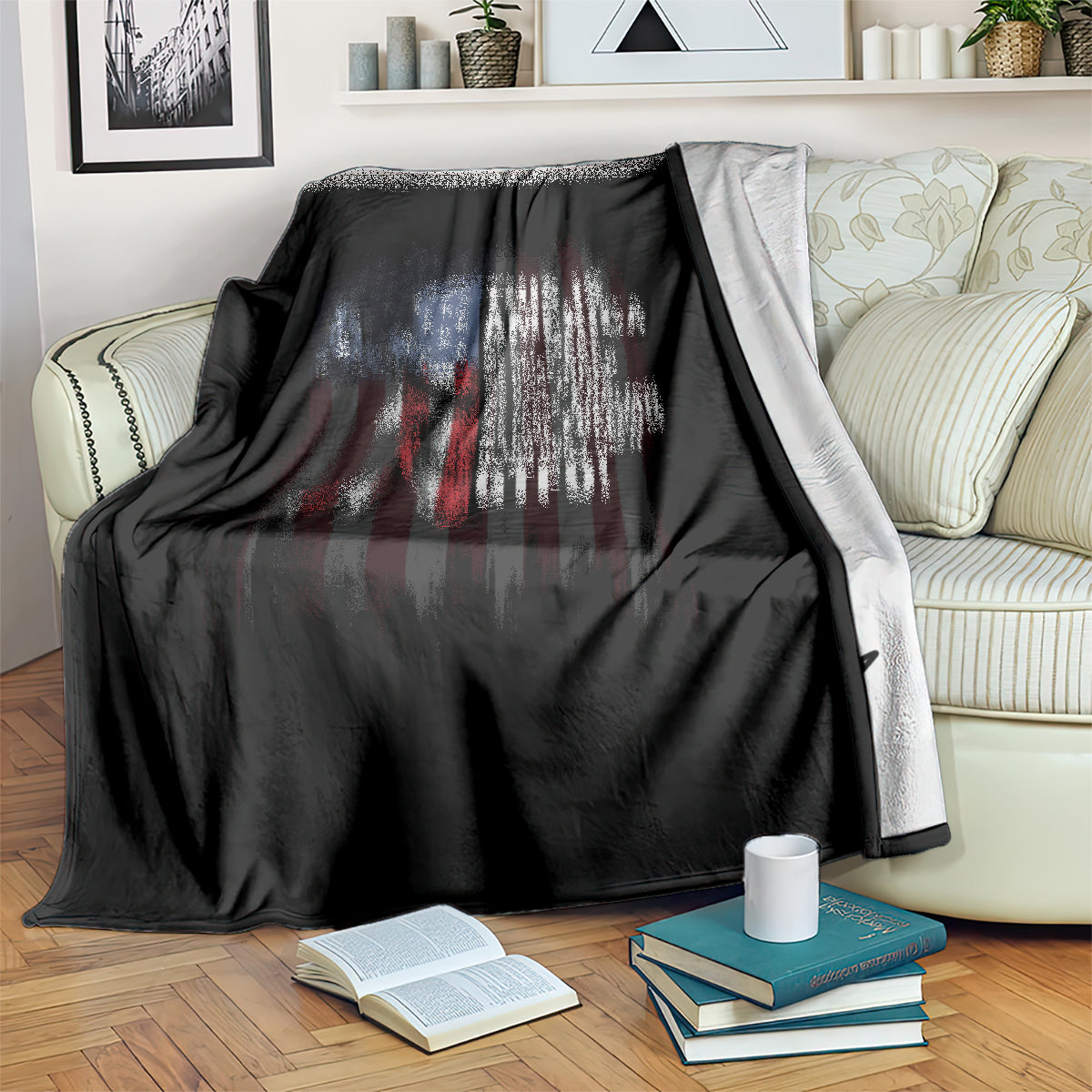 Black patriotic skull blanket with flag-style text and red and blue paint effect