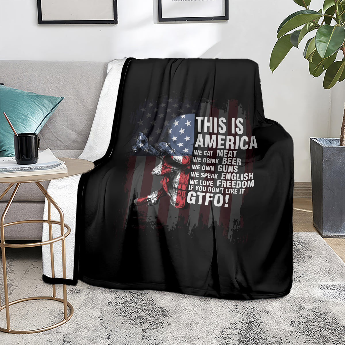 Patriotic skull blanket, black with centered American flag text and face graphic