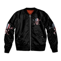 Black satin bomber jacket with front skull graphic and full-length zipper