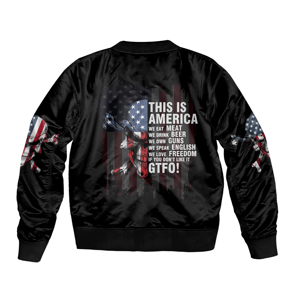 Black satin bomber jacket with back American text skull and side flag print