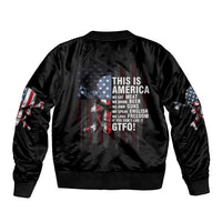 Black satin bomber jacket with back American text skull and side flag print