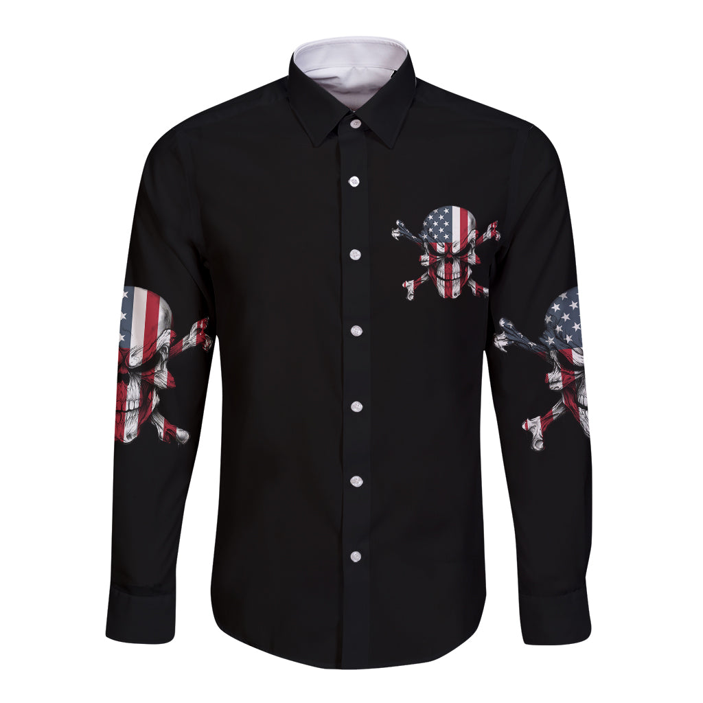 Black long sleeve button-up shirt with patriotic skull graphic on chest and sleeves