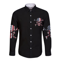 Black long sleeve button-up shirt with patriotic skull graphic on chest and sleeves