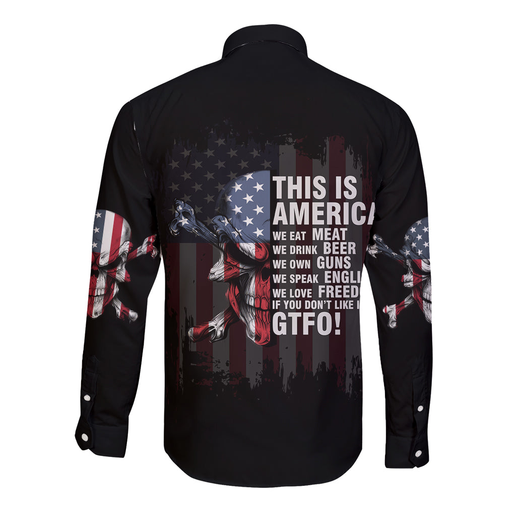 Black long sleeve button-up shirt with patriotic back print and skull graphic