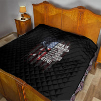 Black diamond-stitched quilt with 'THIS IS AMERICA' patriotic skull design on bed