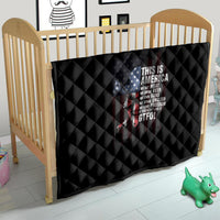 Black diamond quilt on a child bed, showing patriotic skull graphic and 'GTFO!'