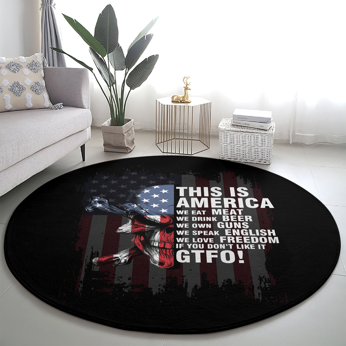 Black circular rug with skull and flag-style stars, “THIS IS AMERICA” and slogan