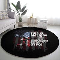 Black circular rug with skull and flag-style stars, “THIS IS AMERICA” and slogan