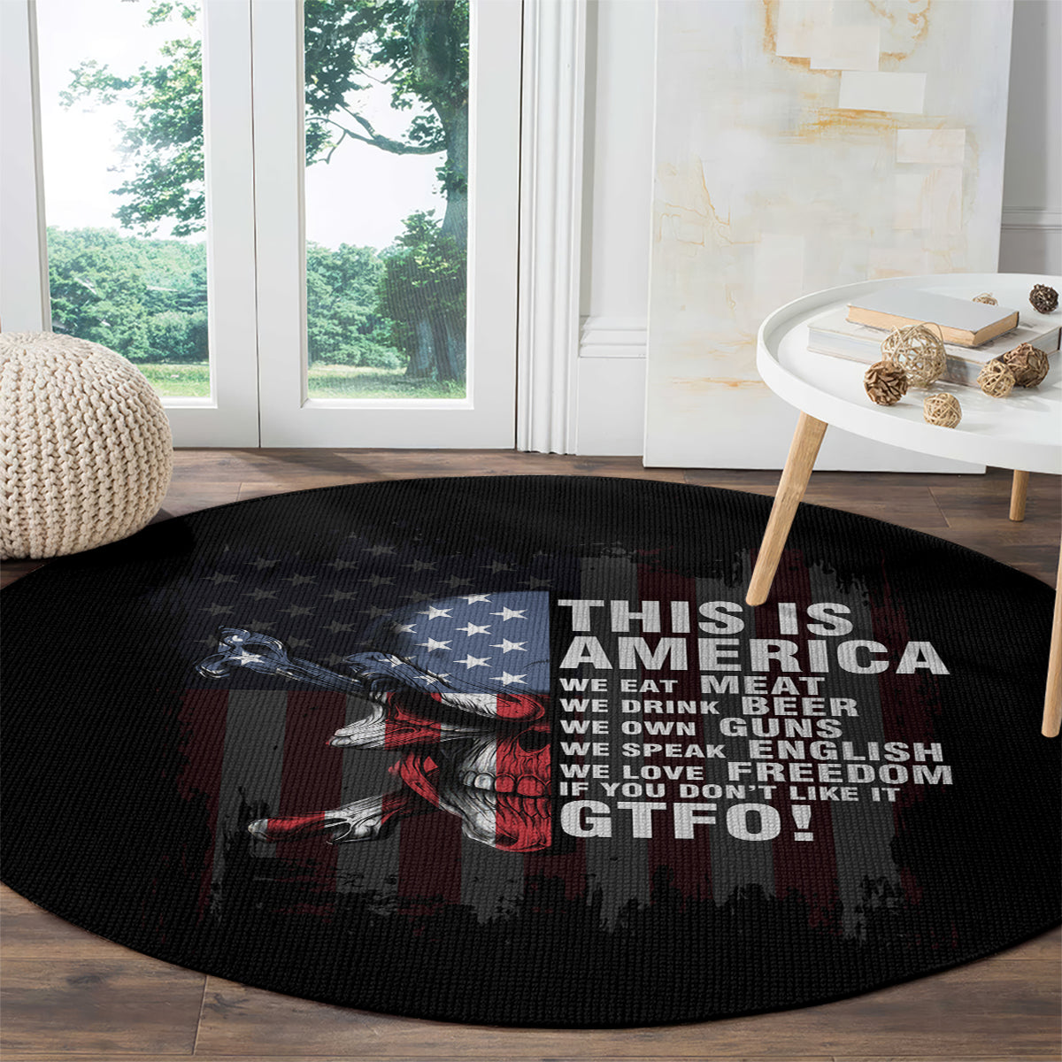 Black round carpet with skull and American flag stripes, “THIS IS AMERICA” lettering