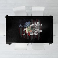 Patriotic skull tablecloth, black with multicolor patriotic skull graphic and text
