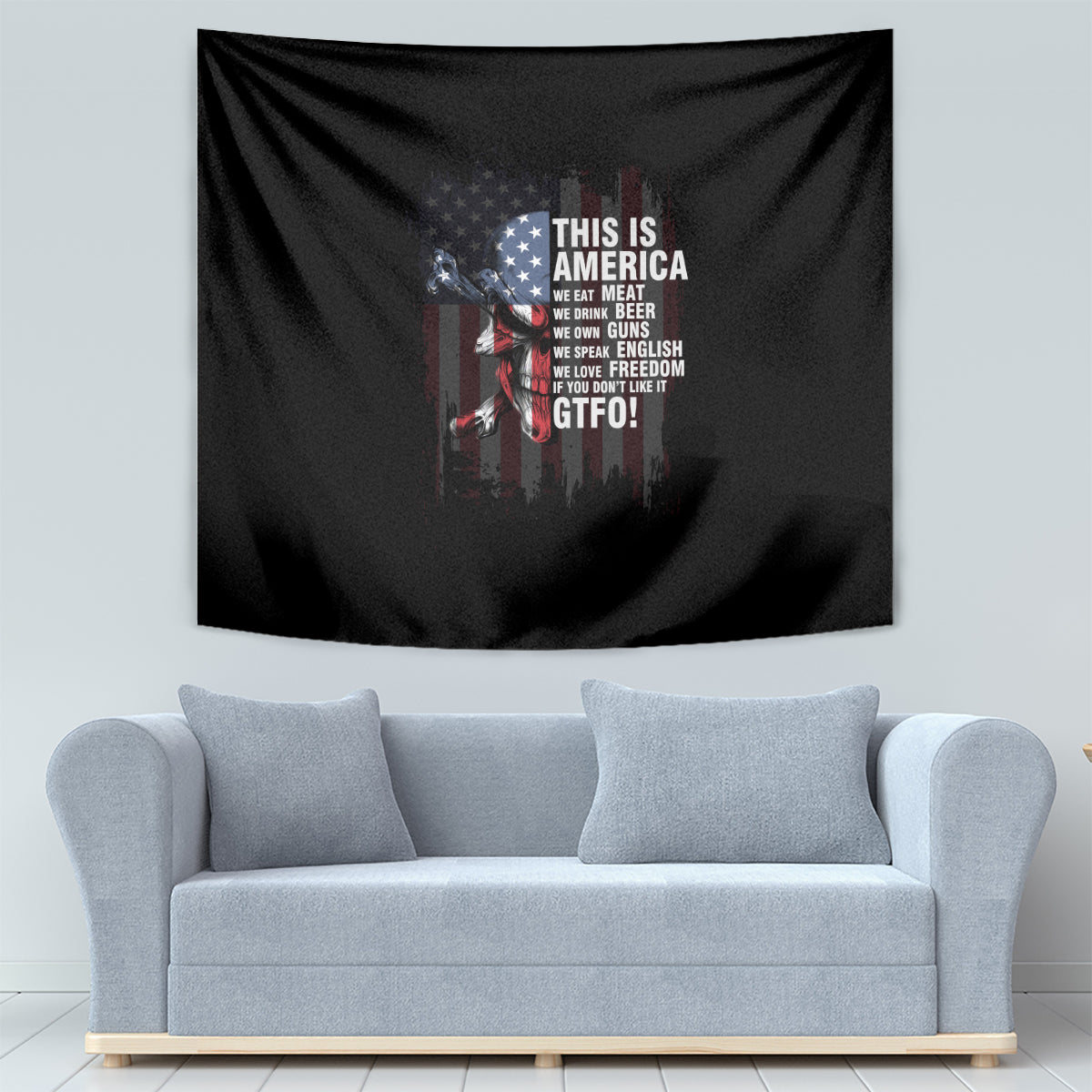 Patriotic wall tapestry with black backdrop, patriotic emblem graphic and dense white text block