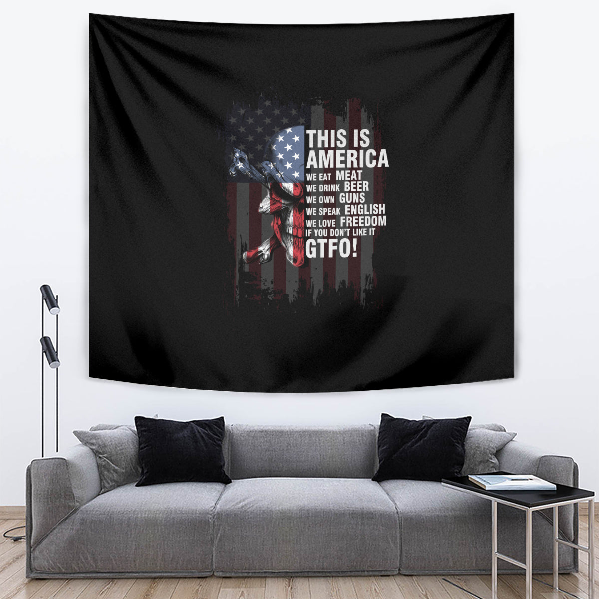 Patriotic wall tapestry with black background, American flag graphic and bold “GTF0!” lettering