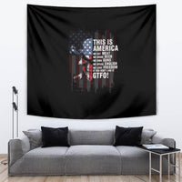Patriotic wall tapestry with black background, American flag graphic and bold “GTF0!” lettering
