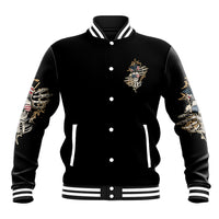 Black baseball jacket with striped collar and cuffs, button front, chest skull graphic
