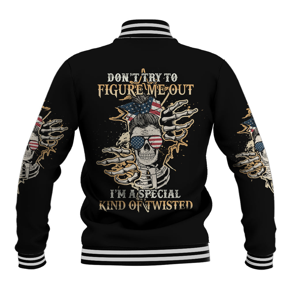 Black baseball jacket with striped collar and hem, back skull graphic and slogan print