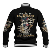 Black baseball jacket with striped collar and hem, back skull graphic and slogan print