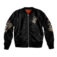 Black unisex bomber jacket with zip front, ribbed trim, and colorful sleeve embroidery
