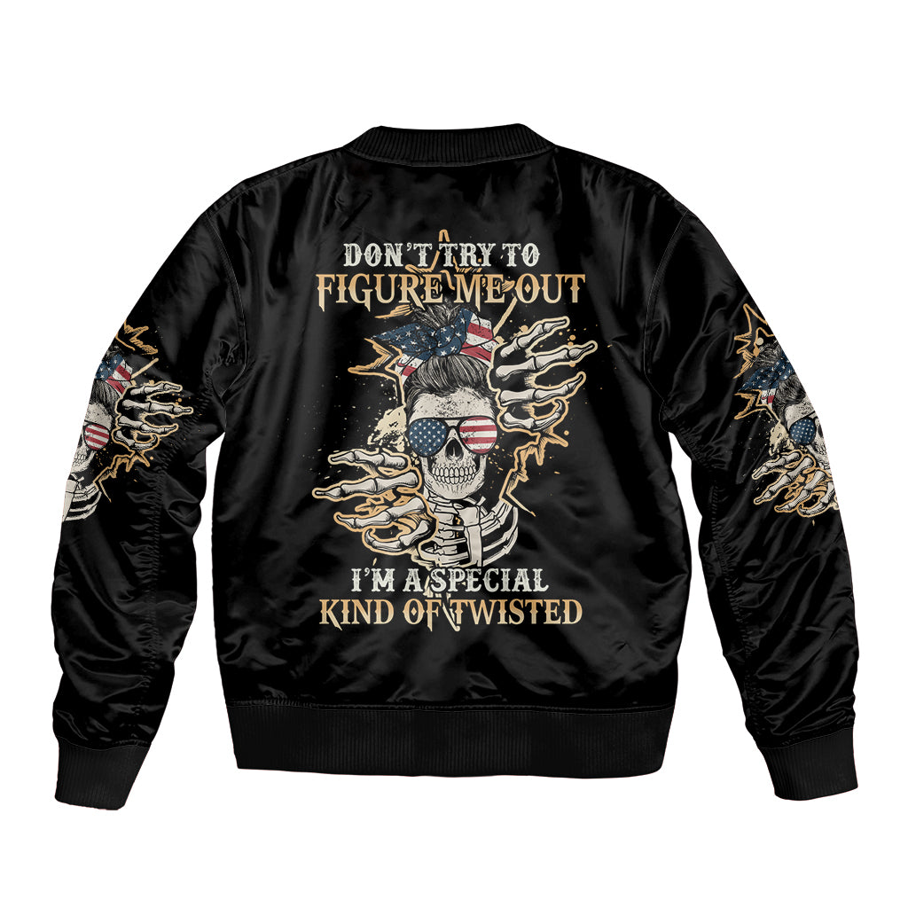 Black bomber jacket with ribbed trim and large back graphic with text and skull