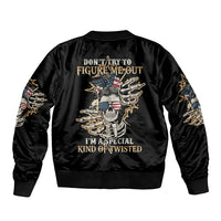 Black bomber jacket with ribbed trim and large back graphic with text and skull