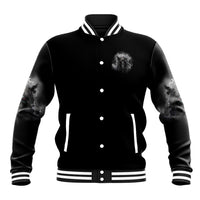 Unisex black bat baseball jacket with striped ribbed collar, button front, skull graphic