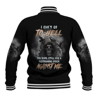 Unisex black bat baseball jacket, back print with skull, lightning, and 'I Can't Go To Hell'
