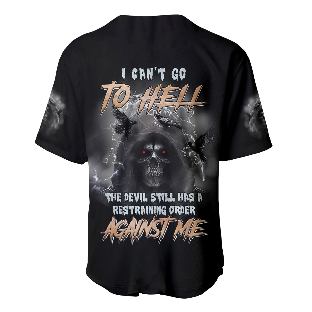 Black baseball jersey back with large skull, chains, and quote-style graphic