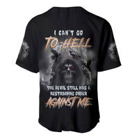 Black baseball jersey back with large skull, chains, and quote-style graphic