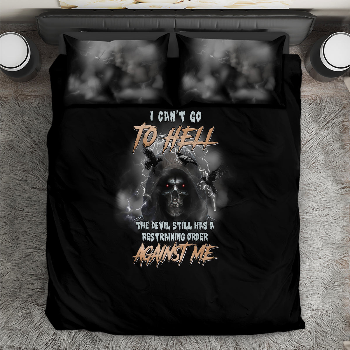 Black duvet cover and pillowcase set with central skull, lightning accents, and text