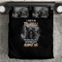 Black duvet cover and pillowcase set with central skull, lightning accents, and text
