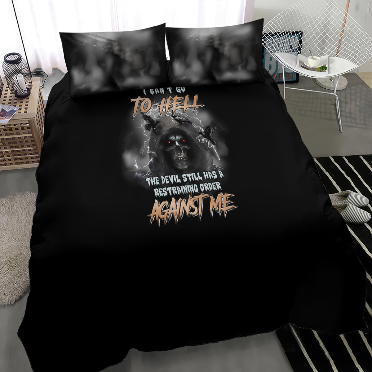 Black duvet cover set featuring skull reaper artwork, red eyes, and two pillowcases