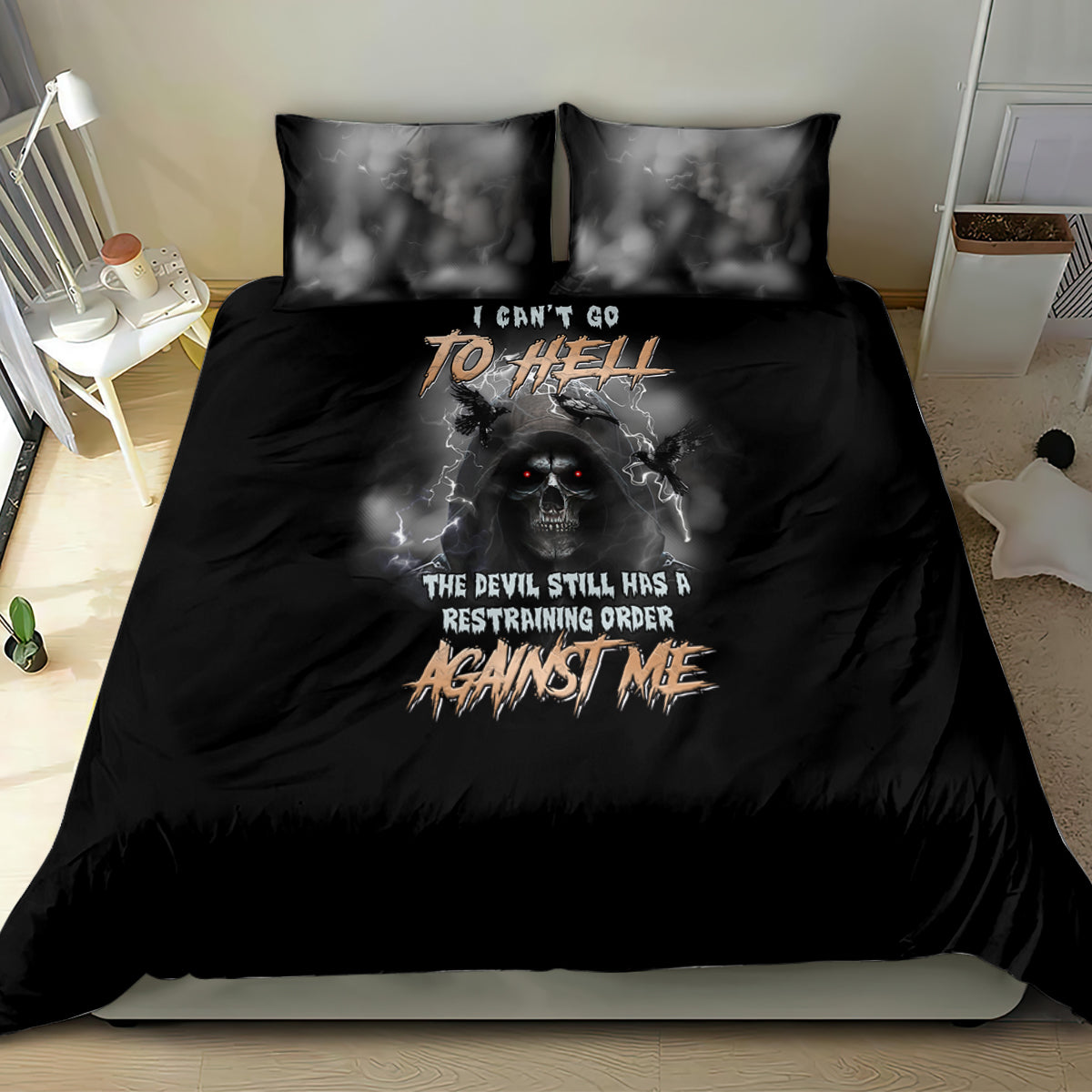 Black reaper duvet cover set with skull centerpiece, matching smoky pillowcases