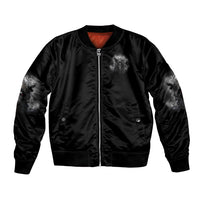 Black unisex bomber jacket with front zipper and reaper graphic on chest