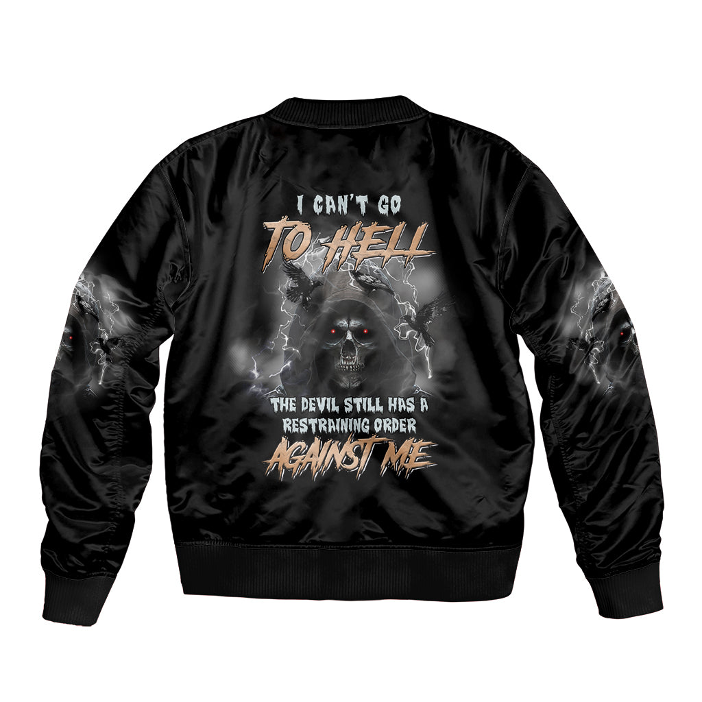 Black bomber jacket with back graphic text, reaper figure, ribbed waistband