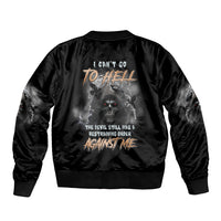 Black bomber jacket with back graphic text, reaper figure, ribbed waistband